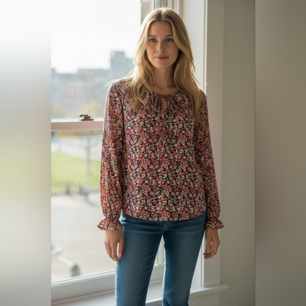 Croft & Barrow Women's 1X Colorful Floral Satin Long Sleeve Ruffled Blouse Top